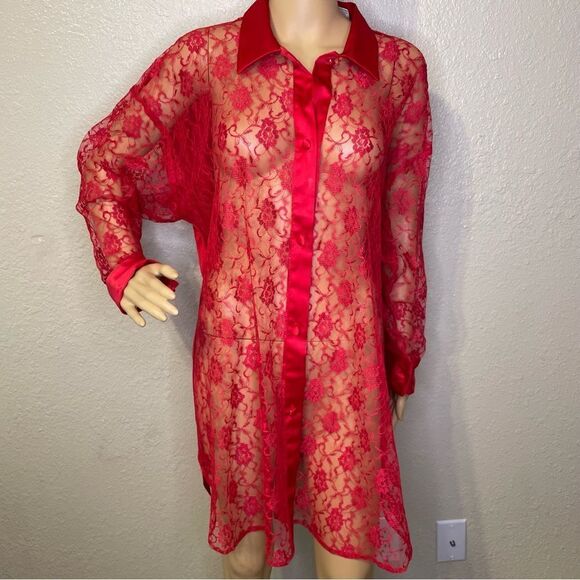 Vintage Victoria’s Secret Gold Label Lace  Front Button Up Sleep Shirt Red Large - Picture 4 of 12